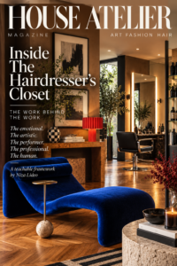 House Atelier Magazine cover for Inside The Hairdresser's Closet, featuring a cobalt-blue lounge chair and a warm boutique salon with a styling station..