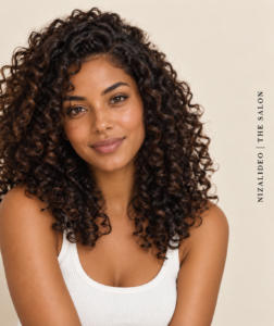 Woman with defined natural curls for NIZALIDEO | THE SALON article on refreshing curls between wash days.